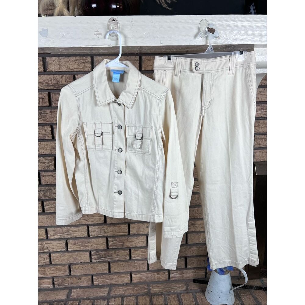 Sigrid Olsen Ivory Ankle Pants w/ belt & Jacket Size 4‎